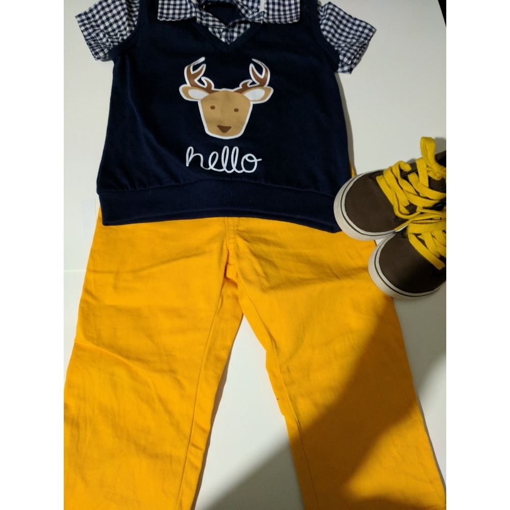 Boys toddler clothes 3 piece suit size 24 months blue/ yellow brown high tops